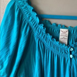 Solid Turquoise Faded Glory Blouse w/elastic hems